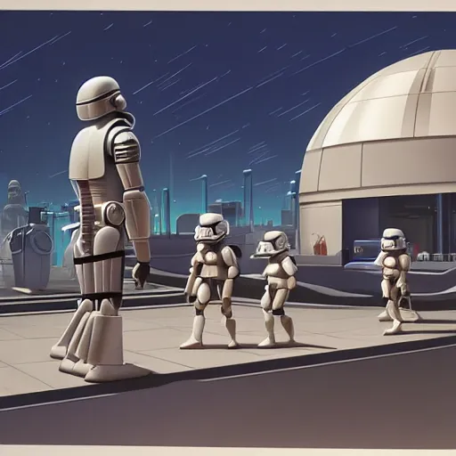 Image similar to ralph mcquarrie concept art of a futuristic mcdonalds. a space station is seen off in the distance with various droids and people walking in the foreground. a trooper is seen holding a brown mcdonalds bag.