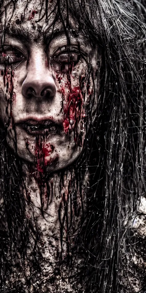 Prompt: realistic photographic portrait, a man with long black wet hair and no eyes vomits blood, rotting flesh, macro detail, subsurface scattering, black background, ominous, unsettling, scary, creepy, disturbing, 4 k