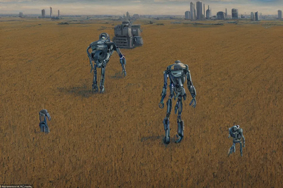 Prompt: sci-fi painting of a large alien city on the vast wheat fields, the closed back view of one humanoid robot on the ground, by Gustave Baumann, godrays, detailed