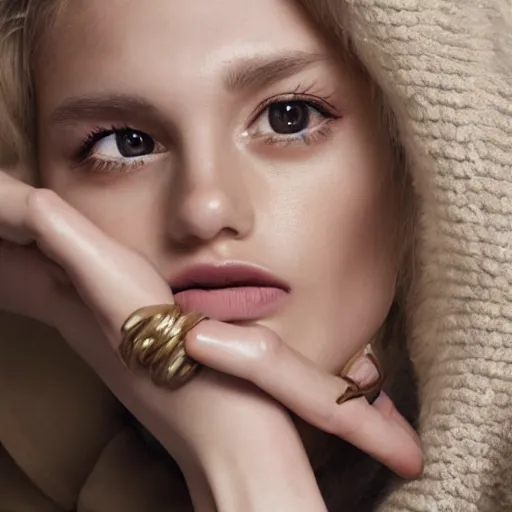 Image similar to close up of face of female fashion model, sitting on chair, beige colors, official jil sander and valentino editorial, highly detailed