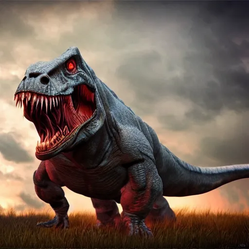 Prompt: Realistic, high quality photograph of a angry, demonic T-Rex dinosaur standing in the distance in the style of devilcore, gorecore, 3D render, blender render, realistic skin, twilight, glows, detailed, studio quality, HD image,