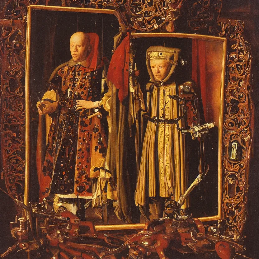 Image similar to van eyck oil painting of a medieval cyborg looking its reflection on a big mirror, mechanism visible symmetric defined ultra hd