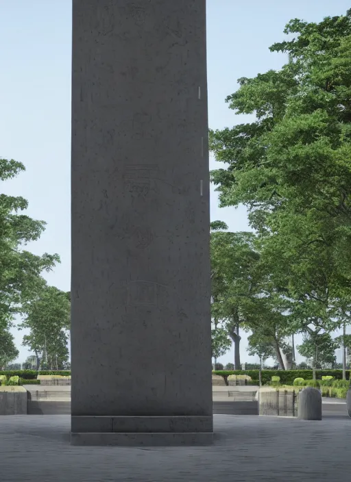 Image similar to highly detailed realistic architecture 3 d render of a futuristic stele monument in ieoh meng pei style standing in city park, archdaily, made in unreal engine 4 octane render