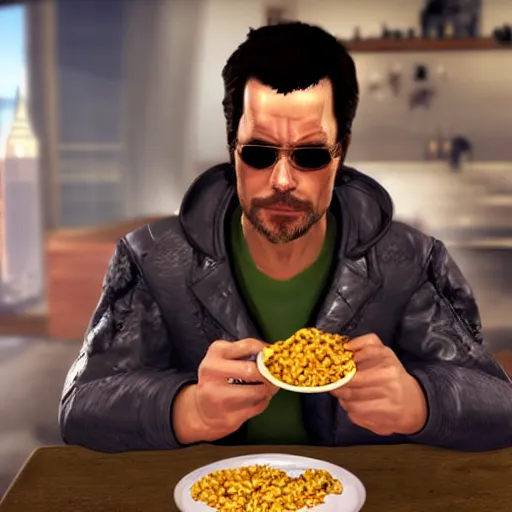 Prompt: jc denton from deus ex videogame eats cereal at a table near liberty island, high quality, photorealistic, highly detailed, 4 k, hd