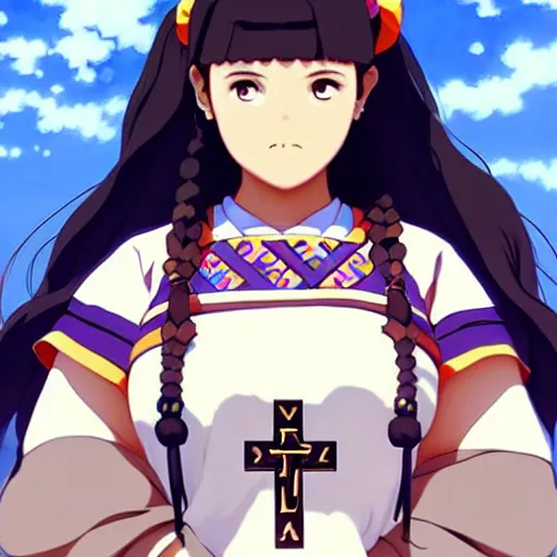 Image similar to a beautiful! plus sized instagram model, brown skin, wearing catholic school girl outfit with mayan pattern and native style, jrpg aztec street fashion, gapmoe yandere grimdark, trending on pixiv fanbox, painted by greg rutkowski makoto shinkai takashi takeuchi studio ghibli, akihiko yoshida