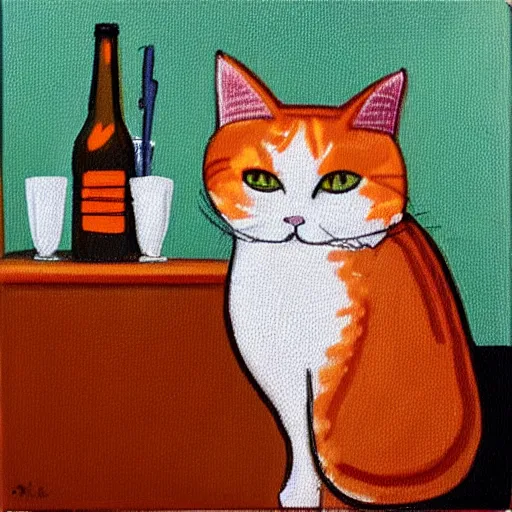 Image similar to oilpainting canvas of a sad orange white tabby cat drinking beer and smoking a cigarette at a bar, overthinking his mistakes he made in life