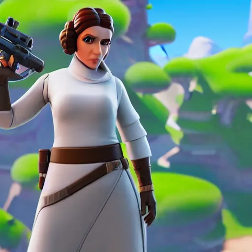 Image similar to princess leia in fortnite, character render, full body shot, highly detailed, in game render