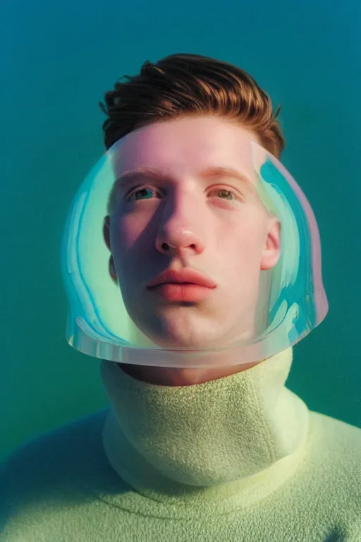 Image similar to high quality pastel coloured film mid angle portrait photograph of a beautiful young 2 0 year old male, soft features, short hair, perspex space visor and oversized inflated clothing!!!! icelandic black! rock pool environment. atmospheric three point light. photographic. art directed. ( pastel colours ). volumetric. clearcoat. waves. 8 k. filmic.