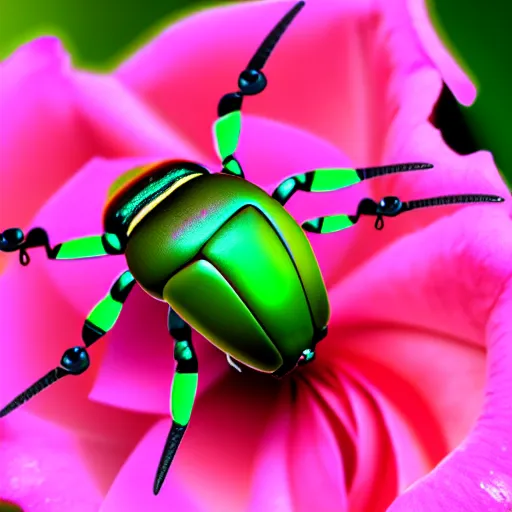 Image similar to rose chafer with quadcopter drone wings creating turbulence above rose flowers black background