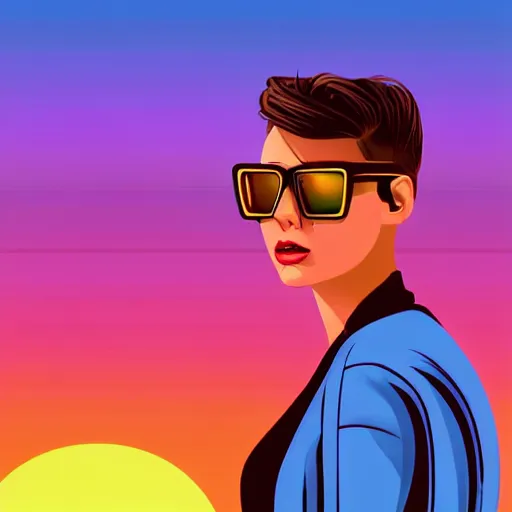 Image similar to a woman with light blue shutter shades in front of a sunset, a dark brown leather jacket, one side brown haircut with blue tips on the end, vector art by jan tengnagel, pixabay contest winner, retrofuturism, retrowave, synthwave, outrun, portrait, synthwave