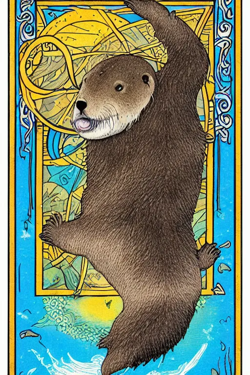 Image similar to tarot card illustration depicting a sea otter on the card the seven of clams, framed in an elaborate rectangular border, tarot card, detailed illustration, sea otter, furry art, artstation, 4 k