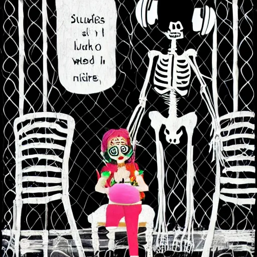 Image similar to skeleton wearing headphones watching girl playing guitar with her black cat standing next to her, digital art