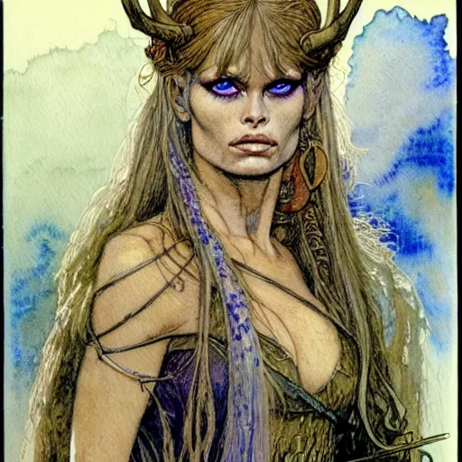 Image similar to a realistic and atmospheric watercolour fantasy character concept art portrait of brigitte bardot as a druidic warrior wizard looking at the camera with an intelligent gaze by rebecca guay, michael kaluta, charles vess and jean moebius giraud