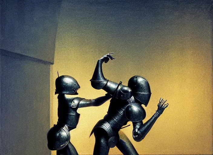 Image similar to knights in armor dance electric boogie popping, rome, highly detailed, soft lighting, elegant, works by edward hopper and james gillard, zdislaw beksinski, stephen outram, andreas m wiese, highly detailed