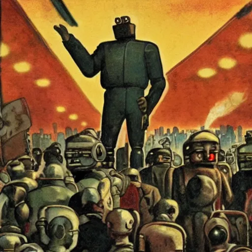 Prompt: robot revolutionary speaking to a crowd of robots amid the backdrop of a cyberpunk city in the socialist realist style of lenin (((speaking to the red army by isaac brodsky)))