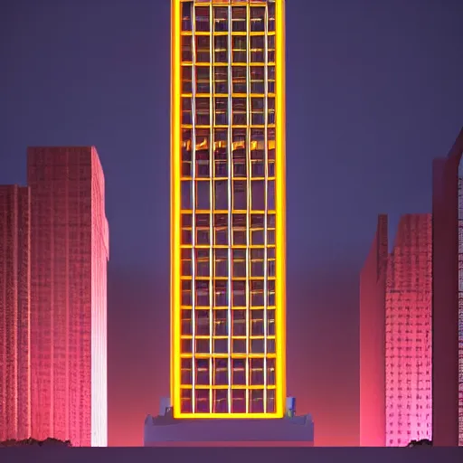 Prompt: defined by dan flavin rendered in rtx. art installation. a cityscape in which tall, imposing buildings loom over a small city park. the scene is suffused with a eerie, light, & the overall effect is one of foreboding & menace.