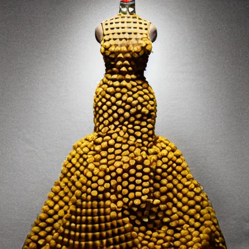 Prompt: a beautiful dress made of a real bee hive, on a mannequin. high resolution, studio lighting