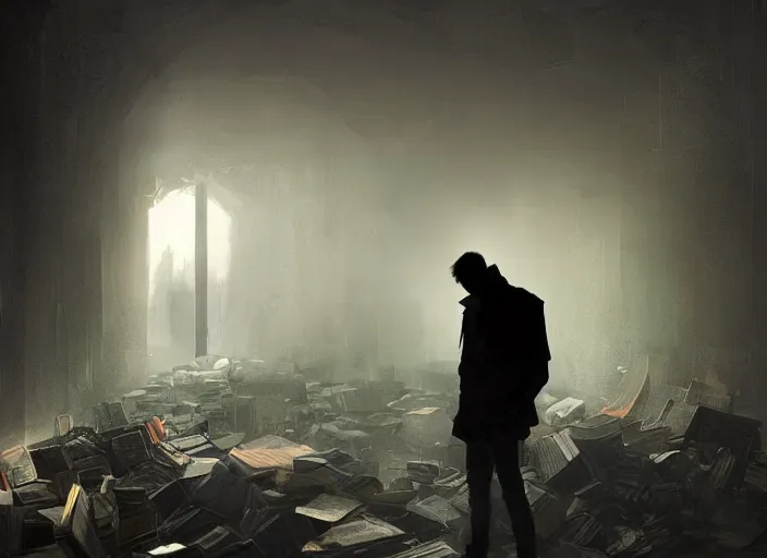 Image similar to the silhouette of a sad man looks at the destroyed, books around volumetric lighting, digital painting, highly detailed, artstation, sharp focus, illustration, concept art, ruan jia, steve mccurry, amazing composition