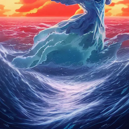 Prompt: Celestial reaper ghost with glowing eyes in the vastness of the ocean, highly detailed illustrated poster, by Kohei Horikoshi and Peter Mohrbacher, a background of pure ocean beauty by Kelly Mckernan