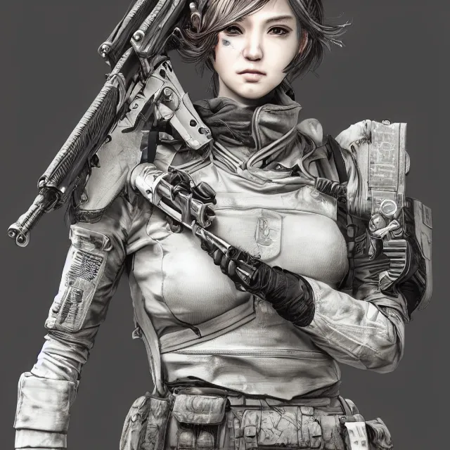 Image similar to the portrait of lawful neutral female futuristic infantry sniper as absurdly beautiful, gorgeous, elegant, young gravure idol, an ultrafine hyperdetailed illustration by kim jung gi, irakli nadar, intricate linework, bright colors, octopath traveler, final fantasy, unreal engine 5 highly rendered, global illumination, radiant light, detailed and intricate environment