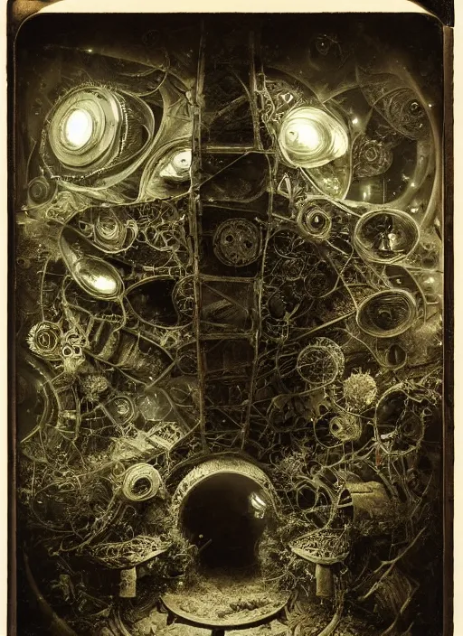 Prompt: old wetplate daguerreotype birth of artificial futuristic life, fractal, intricate, elegant, highly detailed, parallax, leica, medium format, subsurface scattering, by jheronimus bosch and greg rutkowski and louis jacques mande daguerre