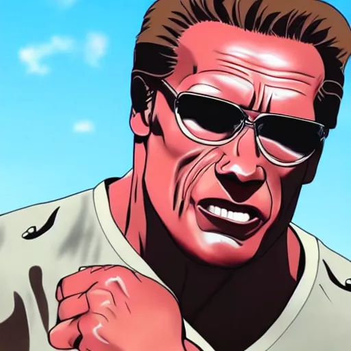 Image similar to arnold schwarzenegger in a myazaki movie, anime, animation, magnificent