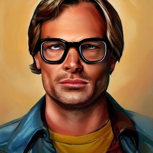 Image similar to once upon a time in hollywood jeffrey dahmer, oil painting, ultradetailed, artstation, ultradetailed, digital painting, ultradetailed