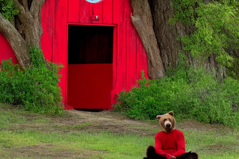 Image similar to grizzly wearing a red shirt sitting outside big tree with a red door by Roger Deakins