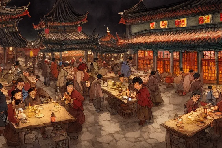 Prompt: fantasy art of a bustling tavern in china, at night, by anton pieck, highly detailed digital art, trending on artstation