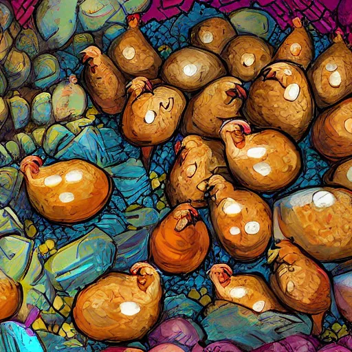 Prompt: a massive pile of chicken eggs near a very confused chicken, concept art, illustrated, highly detailed, high quality, bright colors, optimistic,