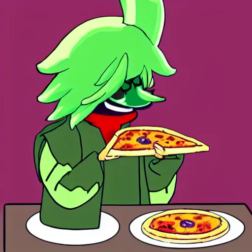 Prompt: ralsei from deltarune eating pizza with asriel from deltarune
