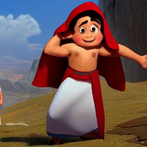 Image similar to 17 year old middle eastern skinned boy with reddish complexion in Biblical clothing as seen in Disney Pixar's Up (2009)