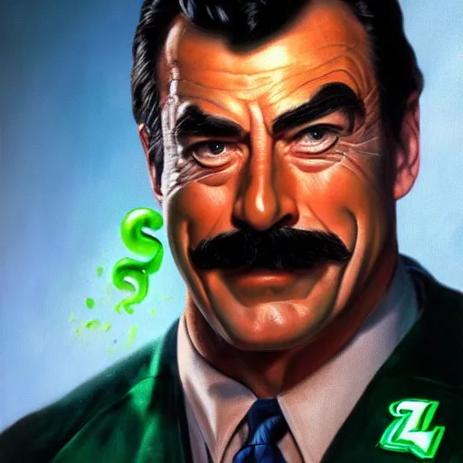 Image similar to ultra realistic head and shoulders portrait painting of tom selleck as the riddler, art by frank frazetta, 4 k, ultra realistic, highly detailed, epic lighting