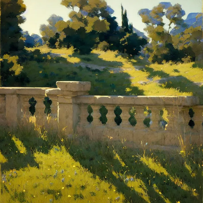 Image similar to painting of a stone railing, countryside, calm, sunny day, artwork by jeremy lipkin and giuseppe dangelico pino and michael garmash and rob rey and greg manchess and huang guangjian and makoto shinkai, sharp edges, simple form, 1 0 0 mm