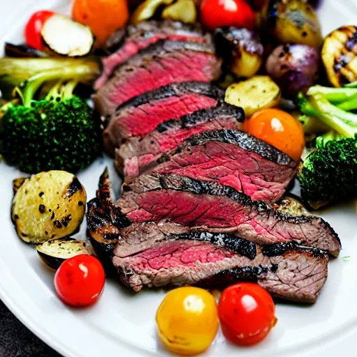 Image similar to delicious 3 2 mm zoomed in adversities photography of a large seared and smoked and seasoned steak well done, with a side seasoned grilled vegetables top in a creamy mozzarella cheese sauce, on a hot platter, very delicious