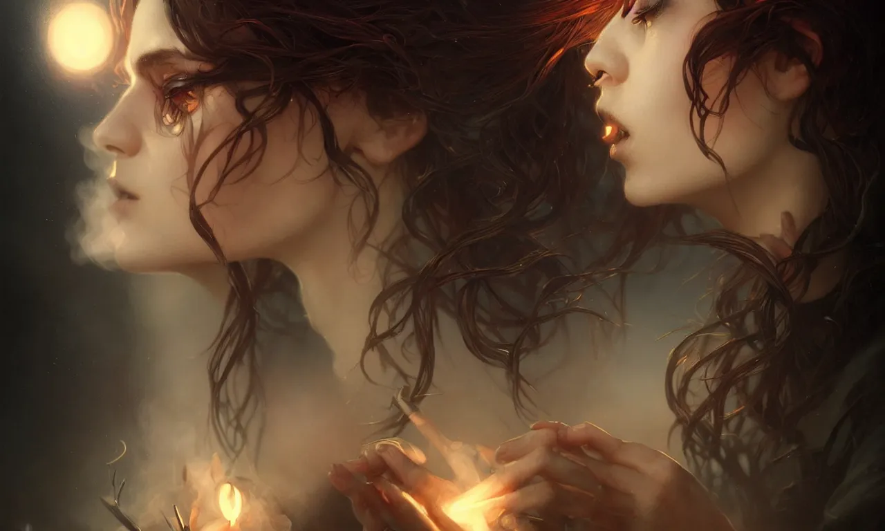 Prompt: A smoking witch closeup filled background around face, fantasy magic, undercut hairstyle, dark light night, intricate, elegant, sharp focus, illustration, highly detailed, digital painting, concept art, matte, art by WLOP and Artgerm and Greg Rutkowski and Alphonse Mucha, masterpiece