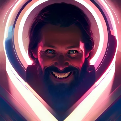 Image similar to tron legacy jesus laughing, diffuse lighting, hyper realistic, concept art, intricate, hyper detailed, smooth, sharp focus, illustration, trending on artstation, art by greg rutkowski and james gurney and alphonse mucha