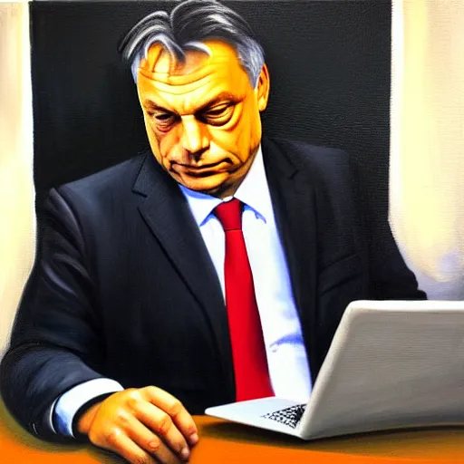 Prompt: viktor orban reading the news on a laptop in a cubicle, oil painting