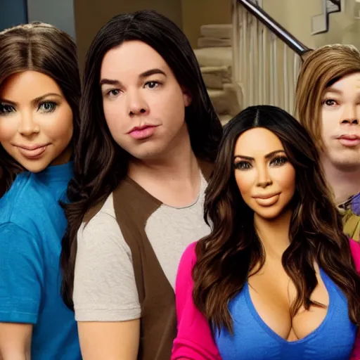 Image similar to Icarly with kim kardashian as Carly, 8k full HD photo, cinematic lighting, anatomically correct, oscar award winning, action filled, correct eye placement,