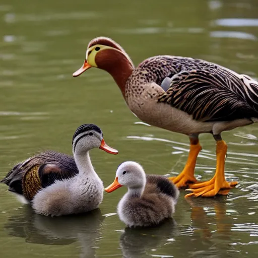 Image similar to a crossbreed of a turkey and a duck, with chicks, photo