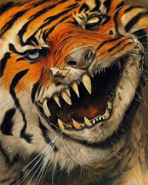 Image similar to realistic detailed skeleton of a tiger, cracked stained body full of marks, made by Karol Bak and Bernini. Rich colors. Masterpiece