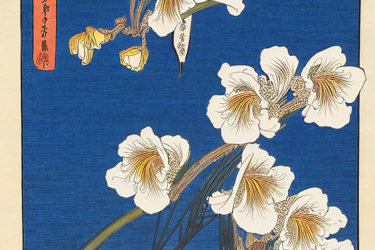 Image similar to a beautiful and hyperdetailed ukiyo - e drawing of tangled irises by katsushika hokusai, in style by utagawa kuniyoshi and utagawa hiroshige, japanese print art, intricate composition, elegant, complex!!, illustration, clean 4 k