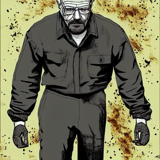 Prompt: buff Walter White walking out of an explosion, accurate anatomy, accurate hands, highly detailed, digital art,