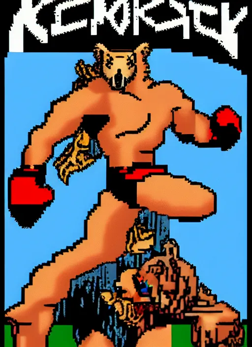 Image similar to extreme long shot. 8 bit nes graphics. antropomorphic muscular masculine wolf. kickboxer fighter, in shorts. wolf head. furr on body. like game contra.