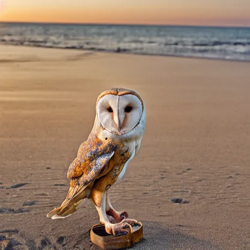 Image similar to barn owl standing in a chair at the beach, canon photo, very detailed, winning award photo, golden hour