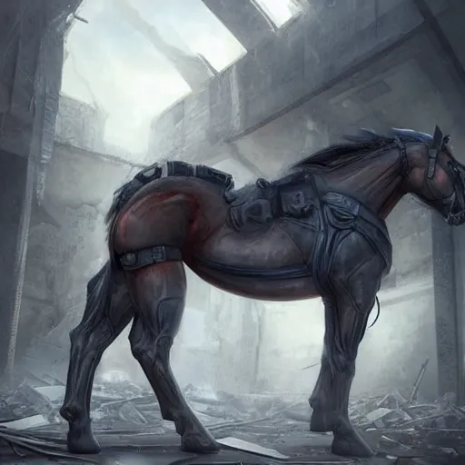 Prompt: a hyper - muscular anthro horse with a magnificently muscular physique wearing tactical gear standing in the ruins of a facility, equine, highly detailed, digital painting, artstation, concept art, magic the gathering, illustration by artgerm, greg rutkowski