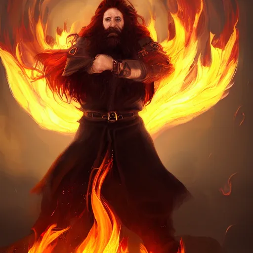 Image similar to furious young brown - red haired man with beard, wearing black coat, fire behind him, fire mage, shooting fire, fire, oil painting, fantasy artwork, fantastic artwork, 4 k, trending on artstation