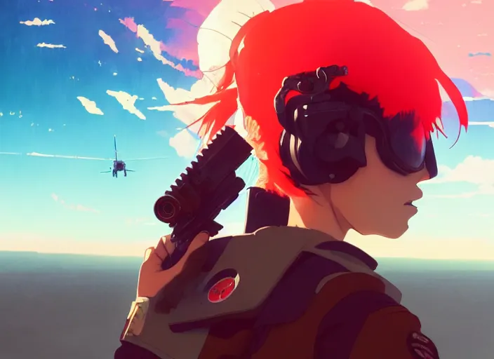 Prompt: portrait of pilot girl talking, red sky background, chaotic landscape, illustration concept art anime key visual trending pixiv fanbox by wlop and greg rutkowski and makoto shinkai and studio ghibli and kyoto animation, red body suit, military gear, handgun, red crow 1, grimdark