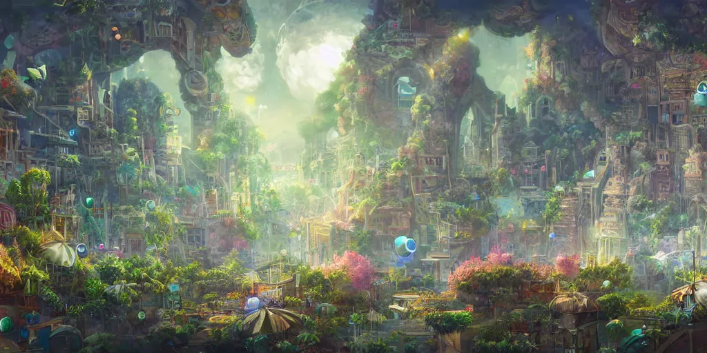 Prompt: a utopian city, filled with fauna, with bubbles floating around everywhere, building cover with plant, dynamic lighting, fantasy concept art, trending on art station, stunning visuals, creative, cinematic, ultra detailed