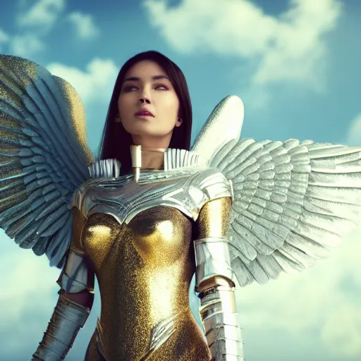 Image similar to hyper realistic portrait of beautiful woman angel with white and gold armor celestial white city is behind, in the sky 8 k, hi definition, octane render her glance is so spiritual